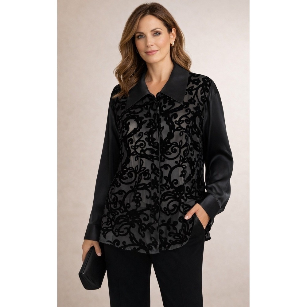 Diane von Furstenberg Devore Shirt‎ Women 1X Black Silk Velvet Blouse Vintage